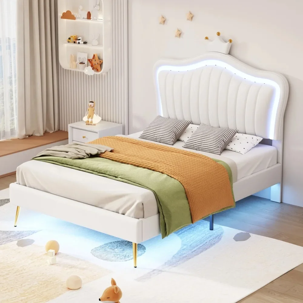 Twin Size Upholstered Bed with Crown Headboard and LED Lights PU Leather Upholstered Princess Bed Twin Platform Bed Frame
Twin Size Upholstered Bed with Crown Headboard and LED Lights PU Leather Upholstered Princess Bed Twin Platform Bed Frame