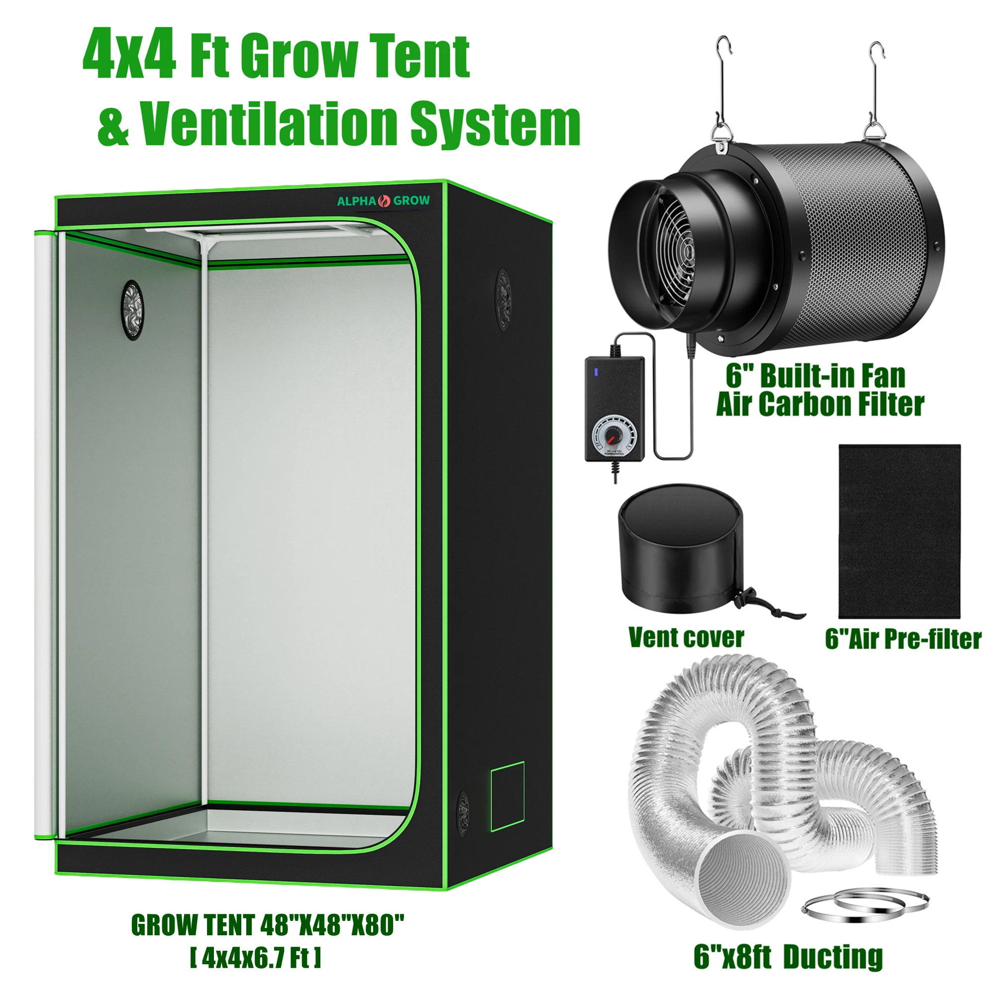 ALPHAGROW 4x4ft 48"x48"x80" Grow Tent Kit With 6 Inch Air Carbon Filter, Australian Virgin Charcoal & Speed Controller 
ALPHAGROW 4x4ft 48"x48"x80" Grow Tent Kit With 6 Inch Air Carbon Filter, Australian Virgin Charcoal & Speed Controller