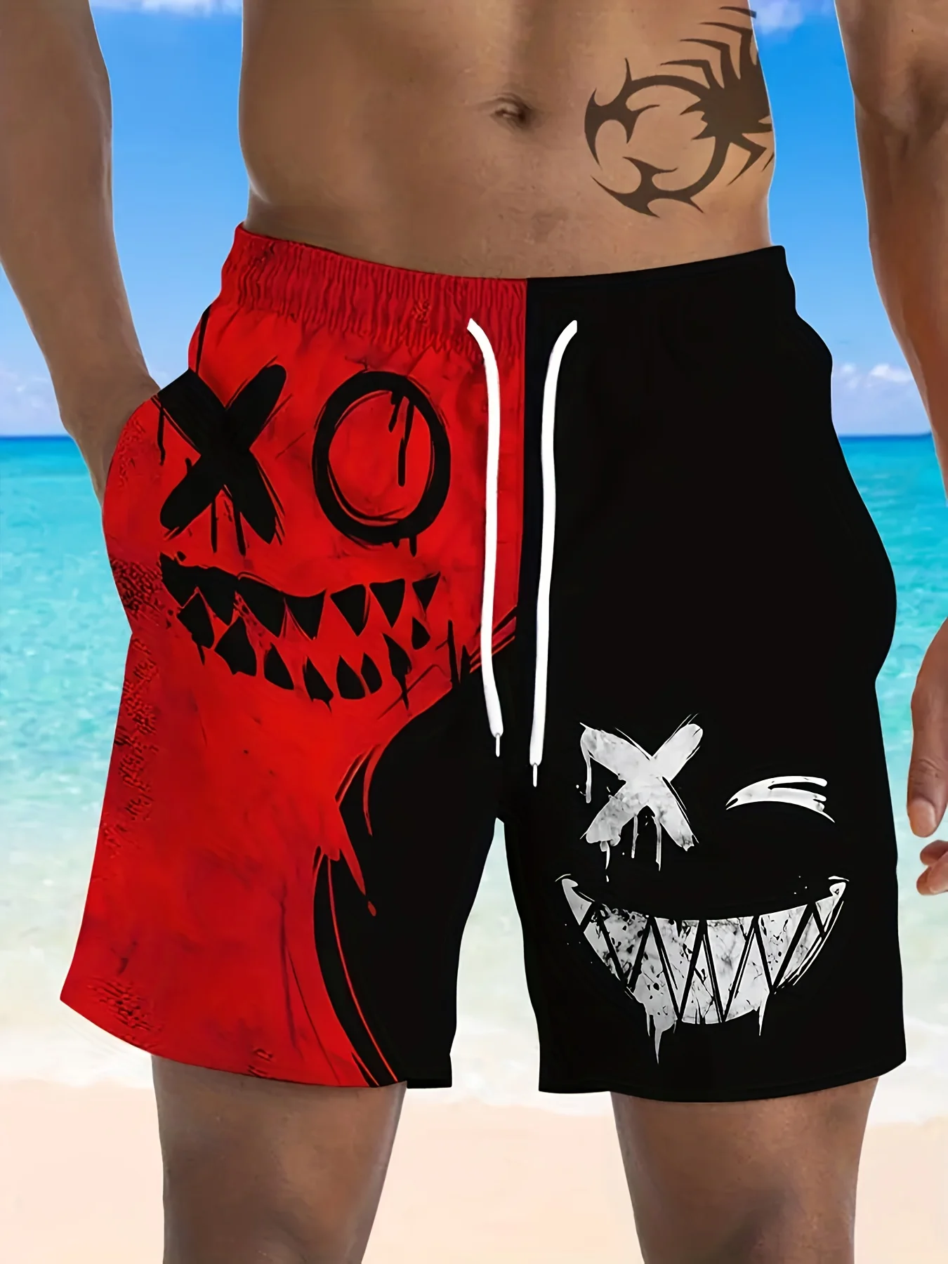Mens Split Color Horror Grin Face Print Quick Dry Board Shorts Elastic Drawstring Swim Trunks Summer Beach Casual Outfit
Mens Split Color Horror Grin Face Print Quick Dry Board Shorts Elastic Drawstring Swim Trunks Summer Beach Casual Outfit