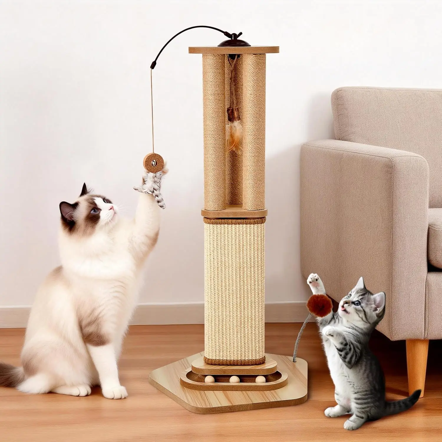 34 Inch Tall Cat Scratching Post for Large Cats, Heavy Duty Natural Sisal Cat Scratcher with Multi Interactive Toys 360°
34 Inch Tall Cat Scratching Post for Large Cats, Heavy Duty Natural Sisal Cat Scratcher with Multi Interactive Toys 360°