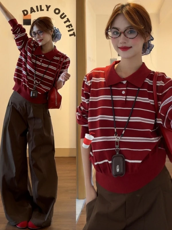 Spring Autumn College Style Lazy Long Sleeve Knitted Red Stripes Shirt Women's Slim Fit Soft Polyester Fiber Inner Wear
Spring Autumn College Style Lazy Long Sleeve Knitted Red Stripes Shirt Women's Slim Fit Soft Polyester Fiber Inner Wear