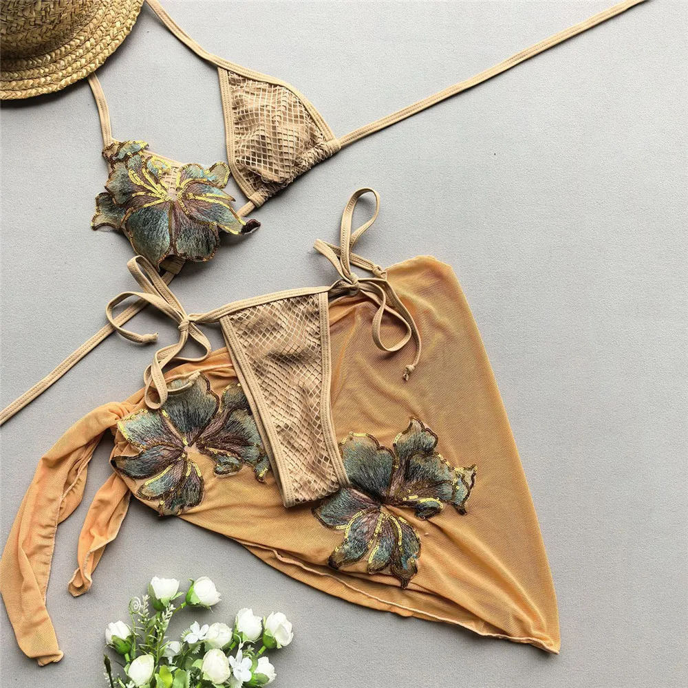 Sequin 3D Flower Swimwear Micro Thong Halter String Bikinis Sets 3 Pieces Mesh Cover Ups Sexy Swimsuit Triangle Holiday Biquinis 
Sequin 3D Flower Swimwear Micro Thong Halter String Bikinis Sets 3 Pieces Mesh Cover Ups Sexy Swimsuit Triangle Holiday Biquinis