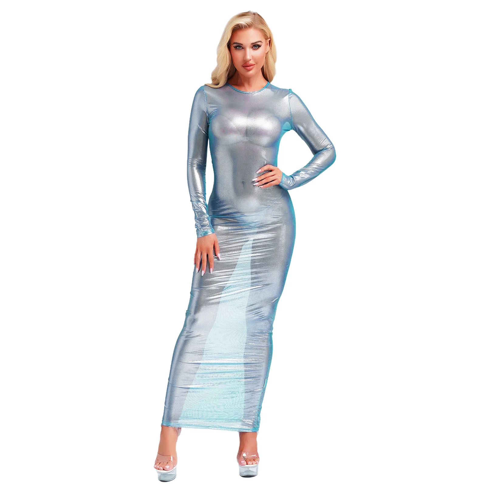 Women Sheer Transparent Dress Long Sleeve Metallic Glossy Maxi Dress See Through Maxi Dress Fun Underwear Night Club Wear
Women Sheer Transparent Dress Long Sleeve Metallic Glossy Maxi Dress See Through Maxi Dress Fun Underwear Night Club Wear
