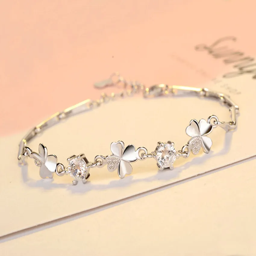 Sterling Silver Zircon Lucky Clover Shaped Bracelet Crystals Chain for Women Valentines Gift Wedding Party Cute Jewelry 20cm
Sterling Silver Zircon Lucky Clover Shaped Bracelet Crystals Chain for Women Valentines Gift Wedding Party Cute Jewelry 20cm