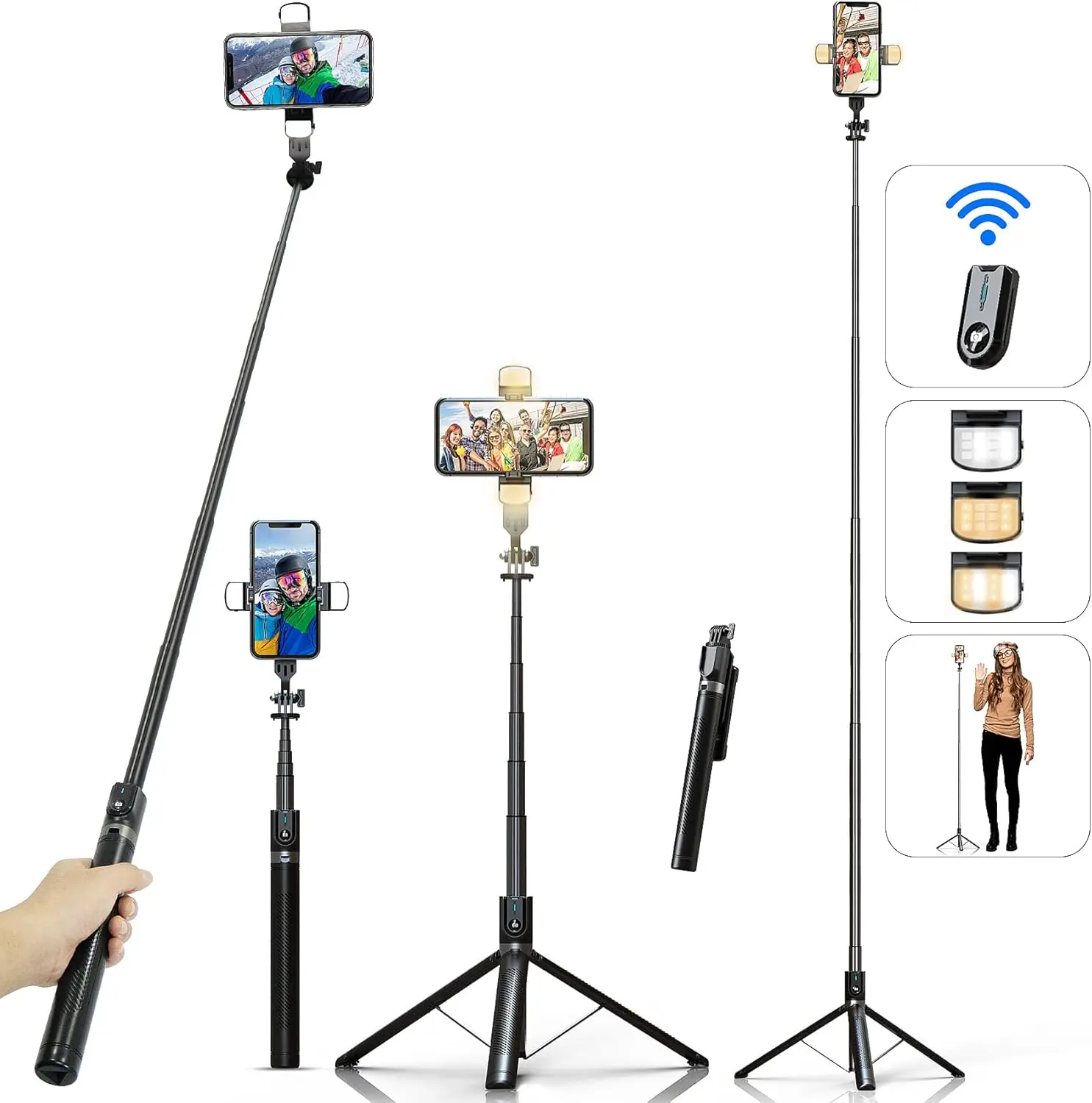 Selfie Stick Phone Tripod with Remote and LED Fill Lights, 70in Tall Phone Holder for Travel Vlogging Live Streaming
Selfie Stick Phone Tripod with Remote and LED Fill Lights, 70in Tall Phone Holder for Travel Vlogging Live Streaming