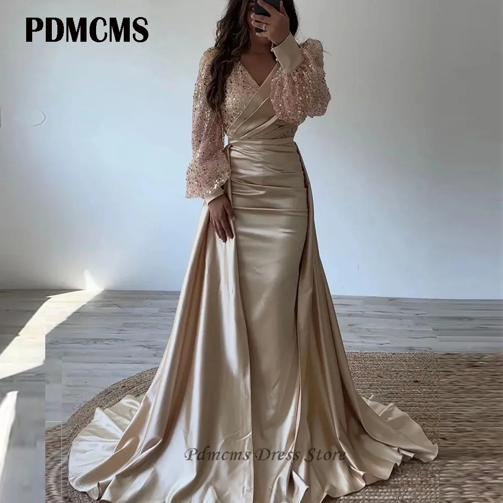 PDMCMS Champagne Sequined Mermaid Evening Dresses V Neck Glitter Prom Dresses with Long Puffy Sleeves Satin Wedding Party Gowns
PDMCMS Champagne Sequined Mermaid Evening Dresses V Neck Glitter Prom Dresses with Long Puffy Sleeves Satin Wedding Party Gowns