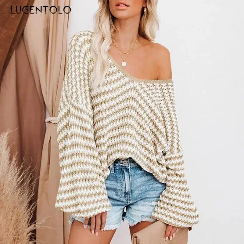 Women Wave Stripe Sexy Sweaters Puff Sleeve Loose Knitted V-neck New Autumn Winter Female Pullover Fashion Cloth
Women Wave Stripe Sexy Sweaters Puff Sleeve Loose Knitted V-neck New Autumn Winter Female Pullover Fashion Cloth