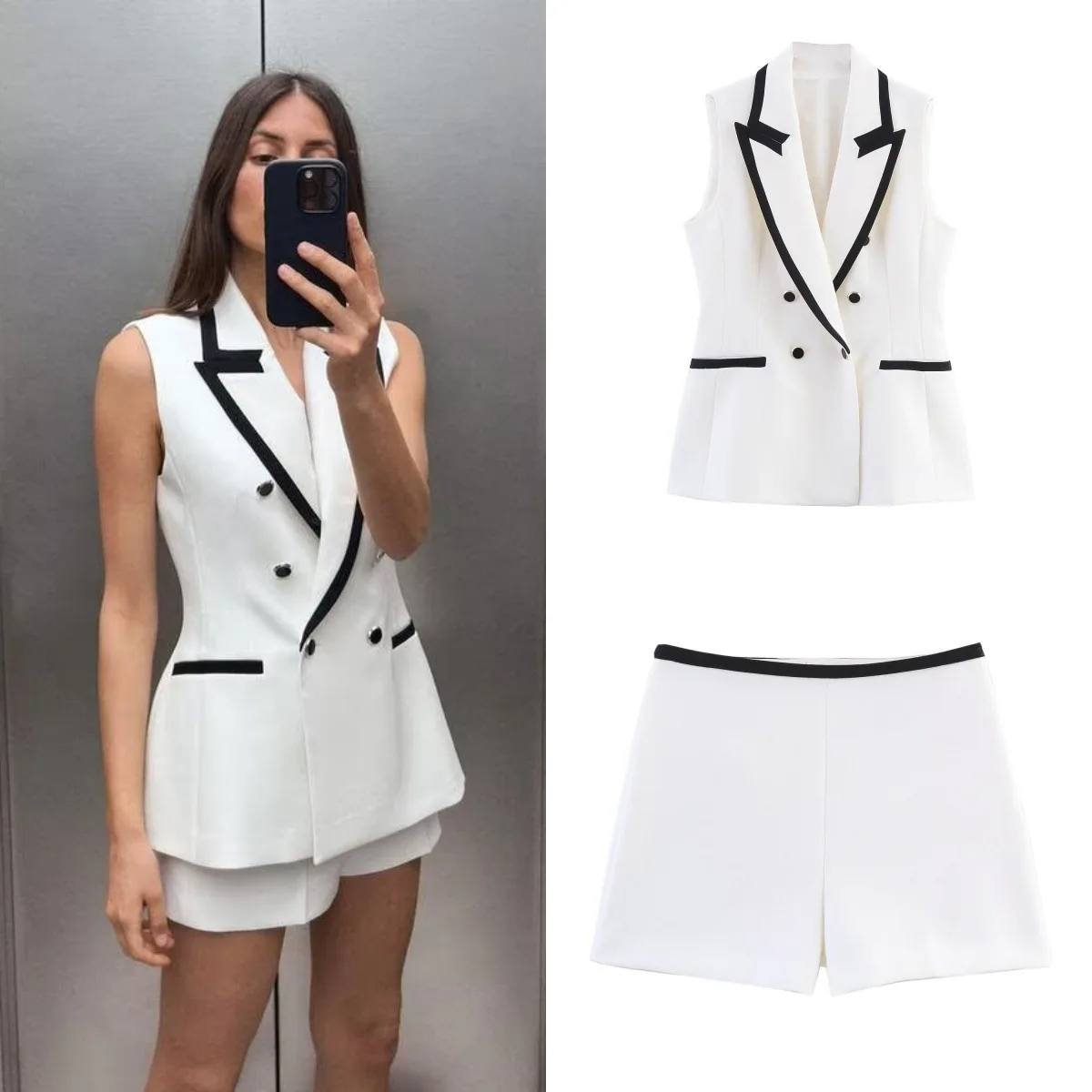 Summer Contrast Color Women Sets Casual Mid Waist Shorts Sets Fashion Double Breasted Vest Tops Sets for Women 2 Pieces 2025 New
Summer Contrast Color Women Sets Casual Mid Waist Shorts Sets Fashion Double Breasted Vest Tops Sets for Women 2 Pieces 2025 New