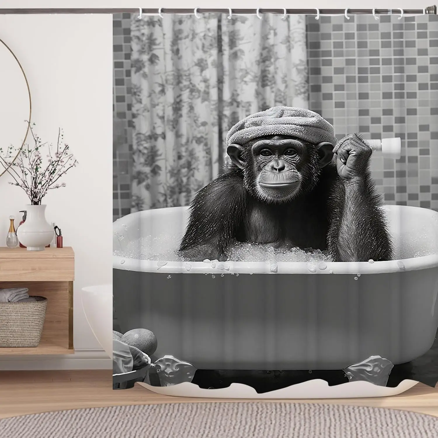 Chimpanzee in Bathtub Shower Curtain with Funny Animal Scene for Playful Bathroom Atmosphere
Chimpanzee in Bathtub Shower Curtain with Funny Animal Scene for Playful Bathroom Atmosphere
