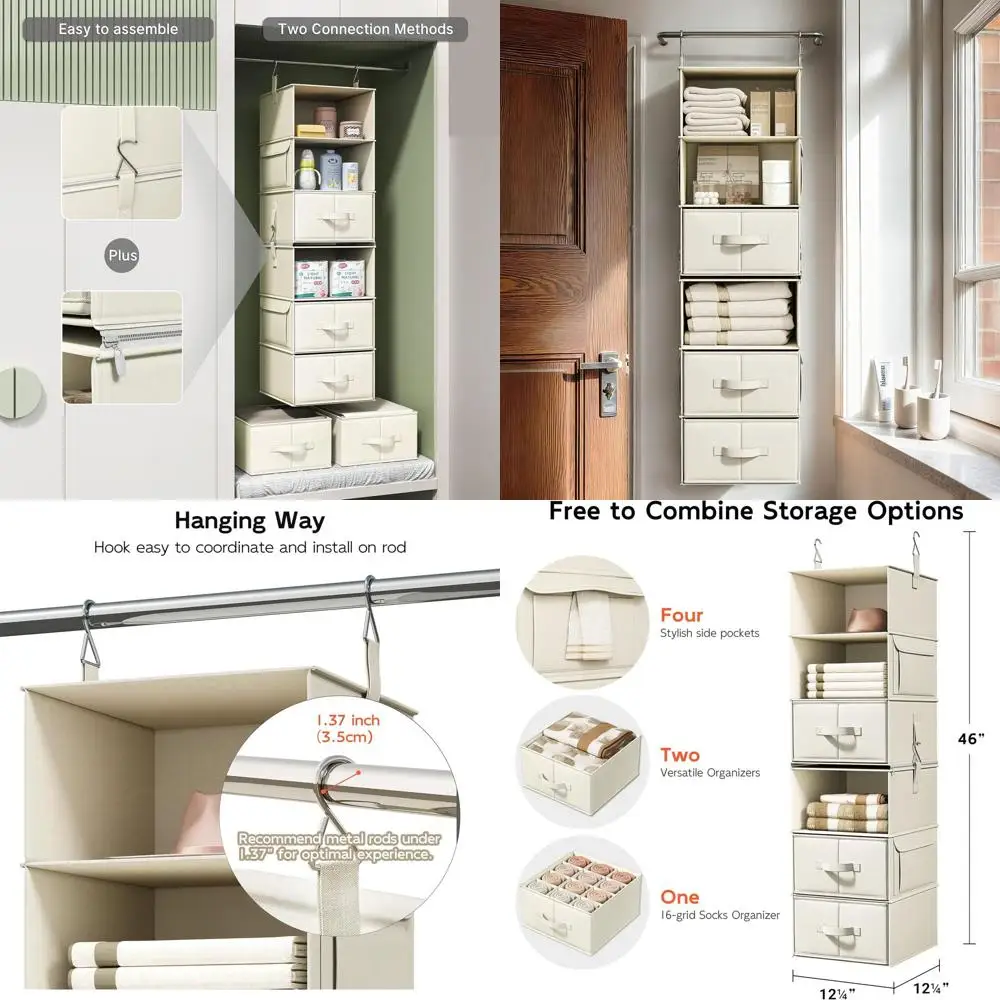 6-Shelf Hanging Closet Organizer with 3 Drawers, 2 3-Shelf Organizers for Wardrobe, Nursery & Dorm, Beige
6-Shelf Hanging Closet Organizer with 3 Drawers, 2 3-Shelf Organizers for Wardrobe, Nursery & Dorm, Beige