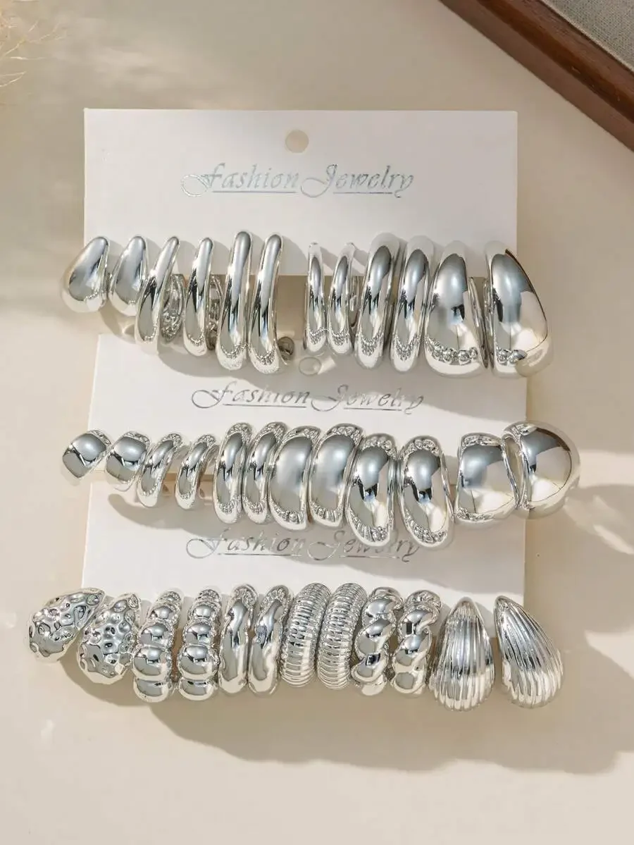 12-36pcs Set Fashion Silver Tone Teardrop And C-Shaped Textured Earrings For Women
12-36pcs Set Fashion Silver Tone Teardrop And C-Shaped Textured Earrings For Women