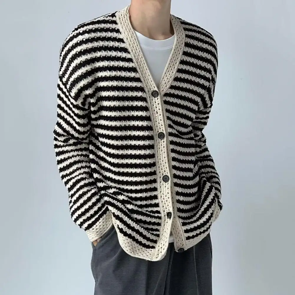 V-neck Loose Cardigan Striped V Neck Knitted Cardigan for Men Fall Winter Single-breasted Sweater Coat with Hollow Out Design
V-neck Loose Cardigan Striped V Neck Knitted Cardigan for Men Fall Winter Single-breasted Sweater Coat with Hollow Out Design