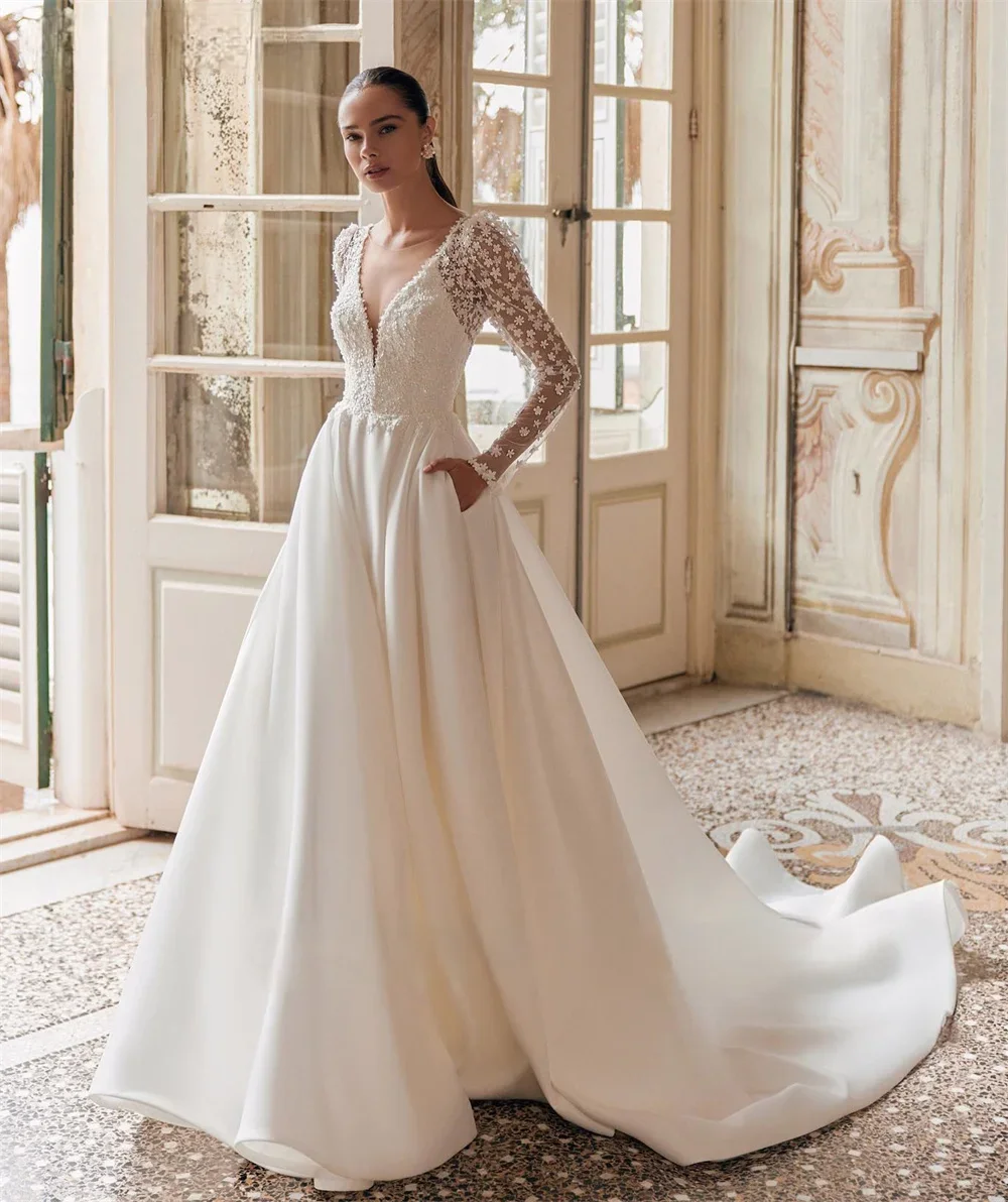 Customized Lace Long Sleeves Women Wedding Dresses Minimalist Satin A-Line Bridal Gowns Mopping Length Vestidos De Novia
Customized Lace Long Sleeves Women Wedding Dresses Minimalist Satin A-Line Bridal Gowns Mopping Length Vestidos De Novia