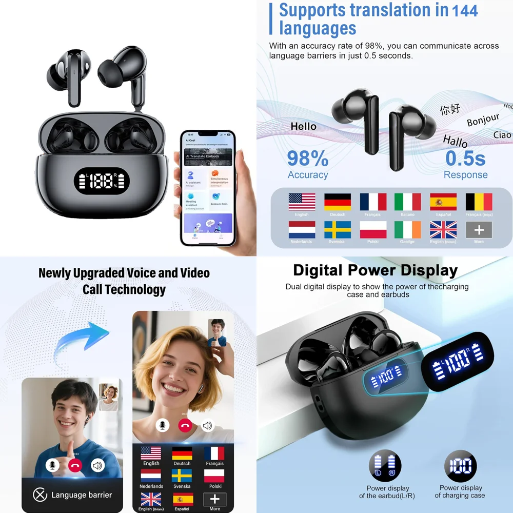 144 Online Language Translation Headphones Wireless with AI Real Time BT 5.4 TWS Earbuds with LED Display for Travel Trending
144 Online Language Translation Headphones Wireless with AI Real Time BT 5.4 TWS Earbuds with LED Display for Travel Trending