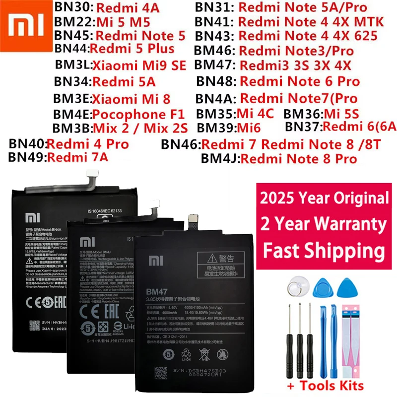 Original Battery For Xiaomi Mi Redmi Note Mix Max 2 3 3S 3X 4 4X 4A 4C 5 5A 5S M5 6 6A Mi6X 7 7A 8 9 MI9 Pro Plus Lite batteries
Original Battery For Xiaomi Mi Redmi Note Mix Max 2 3 3S 3X 4 4X 4A 4C 5 5A 5S M5 6 6A Mi6X 7 7A 8 9 MI9 Pro Plus Lite batteries