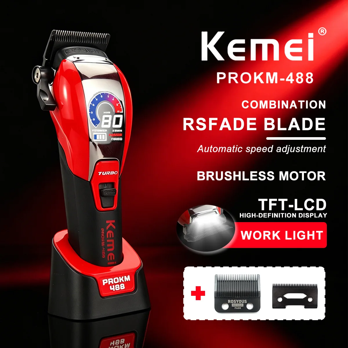 Kemei PROKM-488 Professional Hair Cutter TFT-LCD Display Brushless Motor Cordless USB with Dock Professional Barber Machines
Kemei PROKM-488 Professional Hair Cutter TFT-LCD Display Brushless Motor Cordless USB with Dock Professional Barber Machines