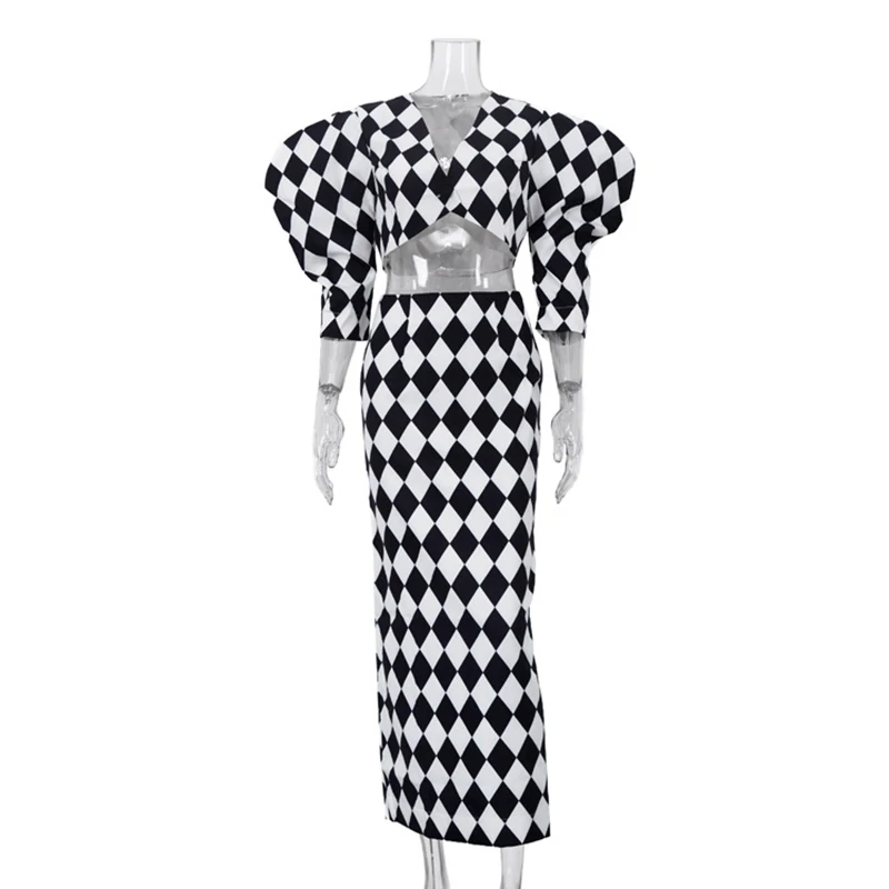 Spring Black White Checkered Print Suit Women Puff Sleeve Midriff-baring Tops+high Waist Hip Hugging Skirt Autumn Two Piece Set
Spring Black White Checkered Print Suit Women Puff Sleeve Midriff-baring Tops+high Waist Hip Hugging Skirt Autumn Two Piece Set