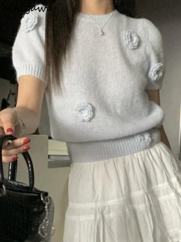Корейский джемпер для женщин Sueter Mujer с 3D цветочным принтом Sweet Pull Femme с коротким рукавом и круглым вырезом, модные вязаные пуловеры, топы
Корейский джемпер для женщин Sueter Mujer с 3D цветочным принтом Sweet Pull Femme с коротким рукавом и круглым вырезом, модные вязаные пуловеры, топы