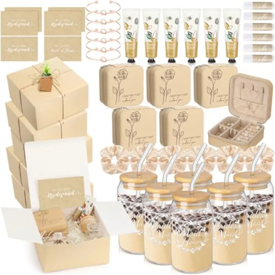 Bridesmaid proposal gifts set for wedding bridal shower: beige fabric box with glass cup, scrunchies, knotted hair bracelets, h
Bridesmaid proposal gifts set for wedding bridal shower: beige fabric box with glass cup, scrunchies, knotted hair bracelets, h