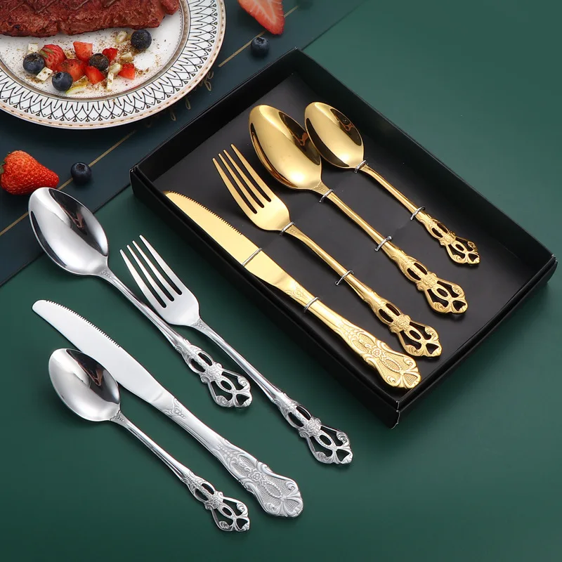 LMM stainless steel tableware four-piece set knife, fork and spoon set dessert spoon golden palace relief
LMM stainless steel tableware four-piece set knife, fork and spoon set dessert spoon golden palace relief