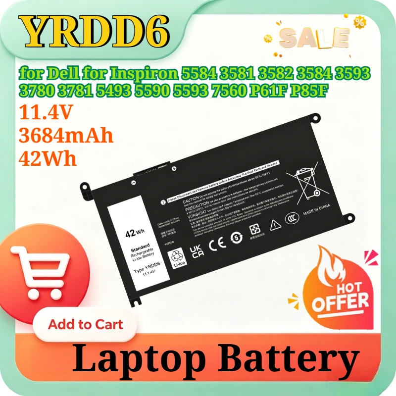 YRDD6 11.4V 42Wh Li-ion Laptop Battery for Dell for Inspiron 5584 3581 3582 3584 3593 3780 3781 5493 5590 5593 7560 P61F P85F
YRDD6 11.4V 42Wh Li-ion Laptop Battery for Dell for Inspiron 5584 3581 3582 3584 3593 3780 3781 5493 5590 5593 7560 P61F P85F