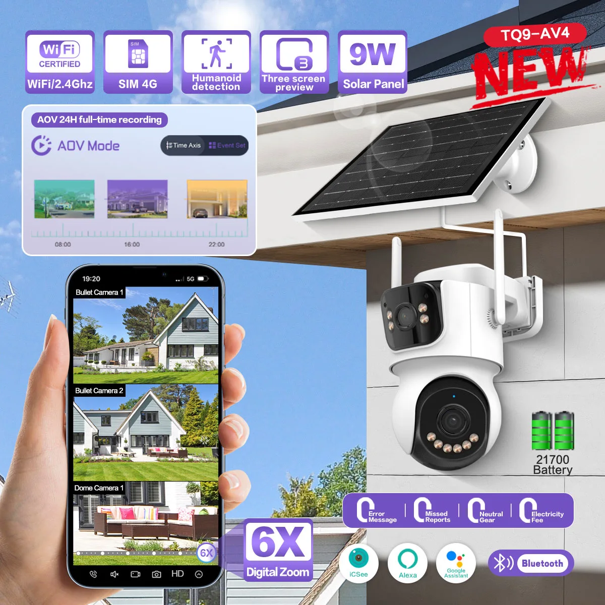 AOV 4G WIFI Solar 9W Camera Outdoor 7*24H Recording IP66 Waterproof Full Color Night Vision Built-in Battery Security Camera
AOV 4G WIFI Solar 9W Camera Outdoor 7*24H Recording IP66 Waterproof Full Color Night Vision Built-in Battery Security Camera
