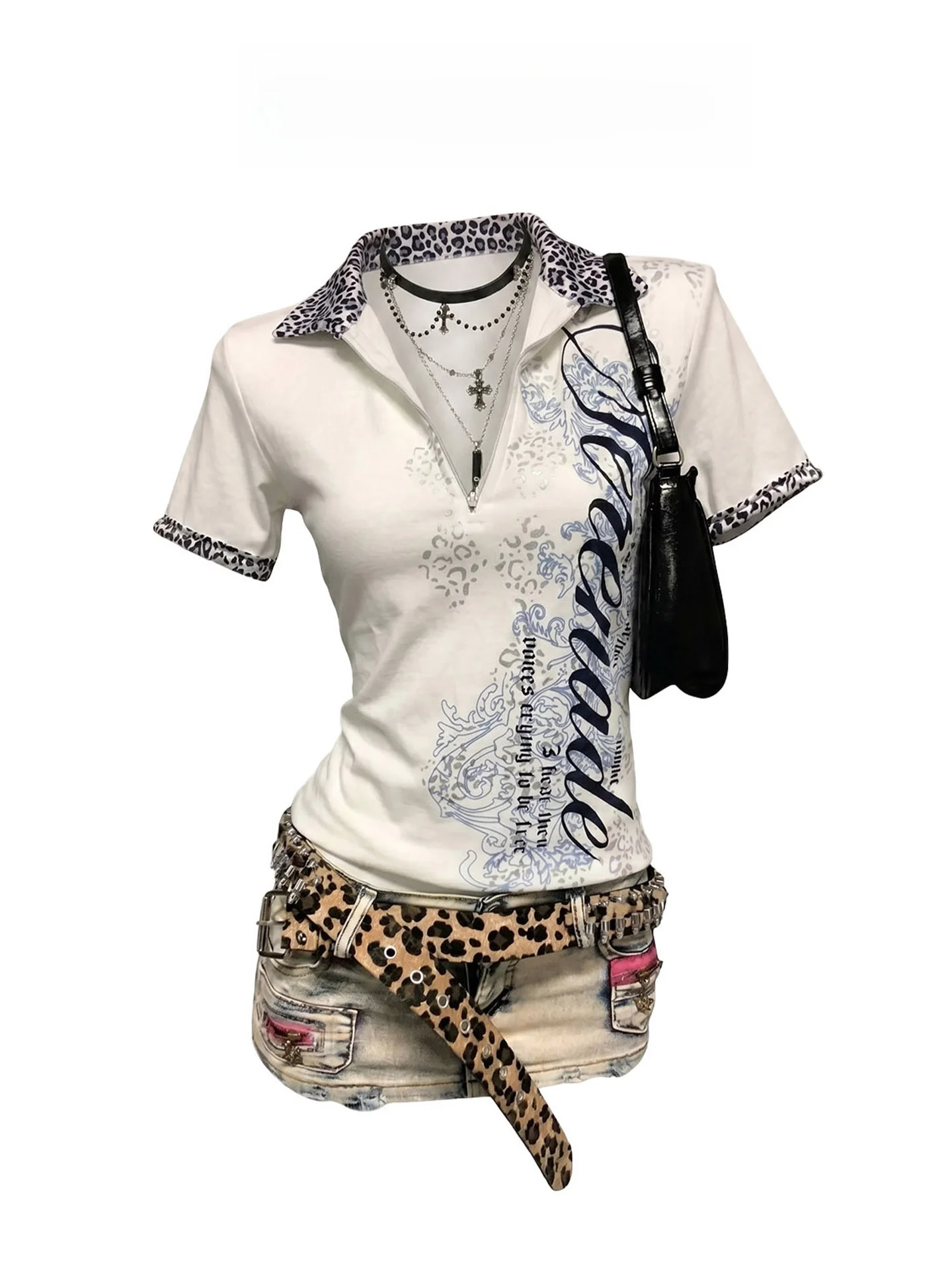 Y2K Millennium Trendy Girl Outfit Set Women's Summer Leopard Print Short Sleeve T-Shirt Top Denim Skirt Two Piece Set
Y2K Millennium Trendy Girl Outfit Set Women's Summer Leopard Print Short Sleeve T-Shirt Top Denim Skirt Two Piece Set