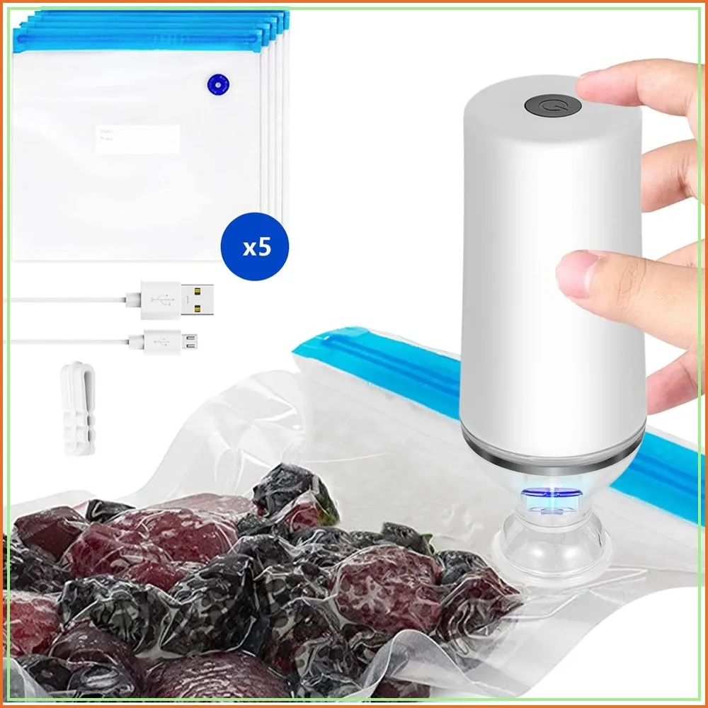 USB Rechargeable Handheld Vacuum Sealer, Portable Mini Pump for Sous Vide & Food Storage, 5 Reusable Bags, BPA-Free
USB Rechargeable Handheld Vacuum Sealer, Portable Mini Pump for Sous Vide & Food Storage, 5 Reusable Bags, BPA-Free