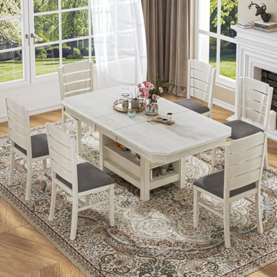 7-Piece Extendable Solid Wood Dining Table Set for 6, 77.7in Large Farmhouse Dining Table with 6 Upholstered Dining Chairs for
7-Piece Extendable Solid Wood Dining Table Set for 6, 77.7in Large Farmhouse Dining Table with 6 Upholstered Dining Chairs for