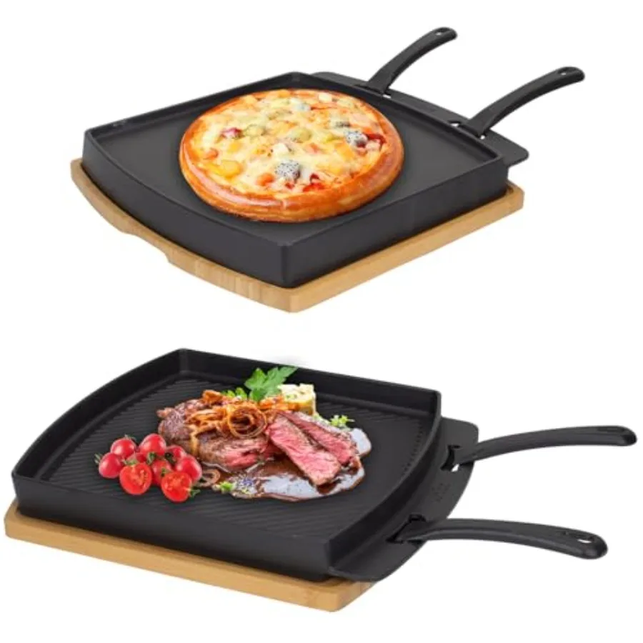 Cast Iron Reversible Sizzling Plate with Wooden Base for Pizza Oven and BBQ Accessories Cast Iron Skillet Pan for Outdoor Grill
Cast Iron Reversible Sizzling Plate with Wooden Base for Pizza Oven and BBQ Accessories Cast Iron Skillet Pan for Outdoor Grill