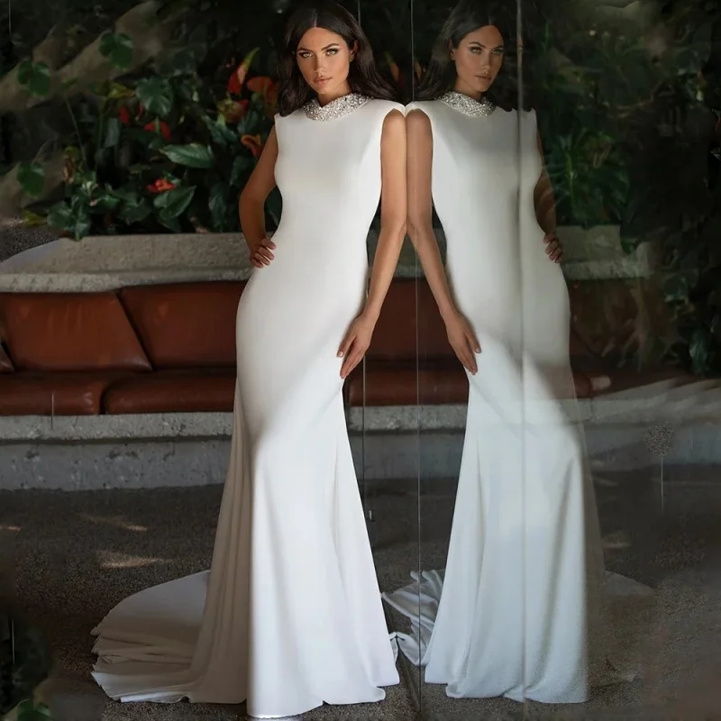 High Elegant Beading High Neck Wedding Dress Sleeveless Mermaid Floor Length Train Bride Marriage Dress Customized Gowns 2026
High Elegant Beading High Neck Wedding Dress Sleeveless Mermaid Floor Length Train Bride Marriage Dress Customized Gowns 2026