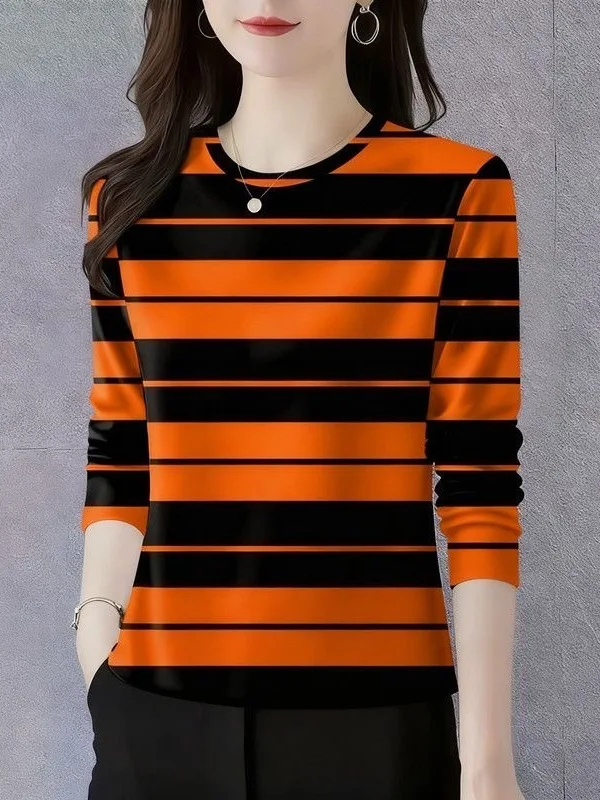Fashionable Striped Long Sleeve round Neck T-Shirt Women's Base Layer Shirt Slimming Mommy Clothes Middle-Aged And Elderly Top
Fashionable Striped Long Sleeve round Neck T-Shirt Women's Base Layer Shirt Slimming Mommy Clothes Middle-Aged And Elderly Top