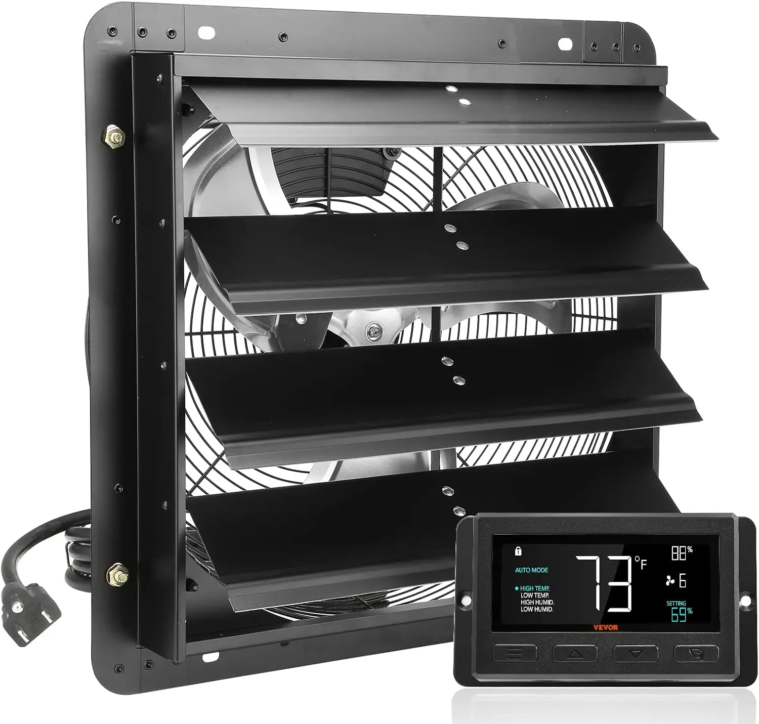 16'' Shutter Exhaust Fan, Temperature and Humidity Controls, 18.9 x 18.9 inch, 2650 CFM, ETL Listed, 120V/60Hz, 70W, Black
16'' Shutter Exhaust Fan, Temperature and Humidity Controls, 18.9 x 18.9 inch, 2650 CFM, ETL Listed, 120V/60Hz, 70W, Black