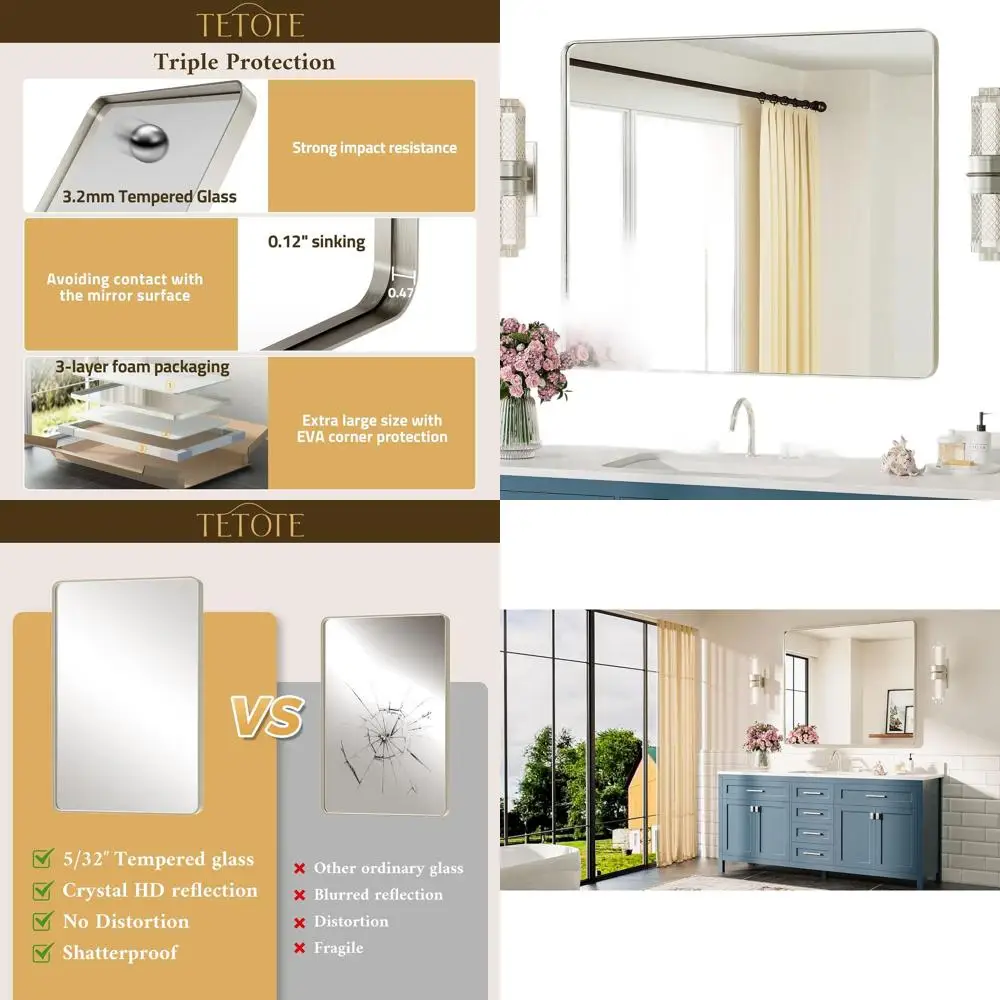 42 x 36 Brushed Nickel Wall-Mounted Tempered Glass Bathroom Mirror, Horizontal or Vertical Mounting
42 x 36 Brushed Nickel Wall-Mounted Tempered Glass Bathroom Mirror, Horizontal or Vertical Mounting