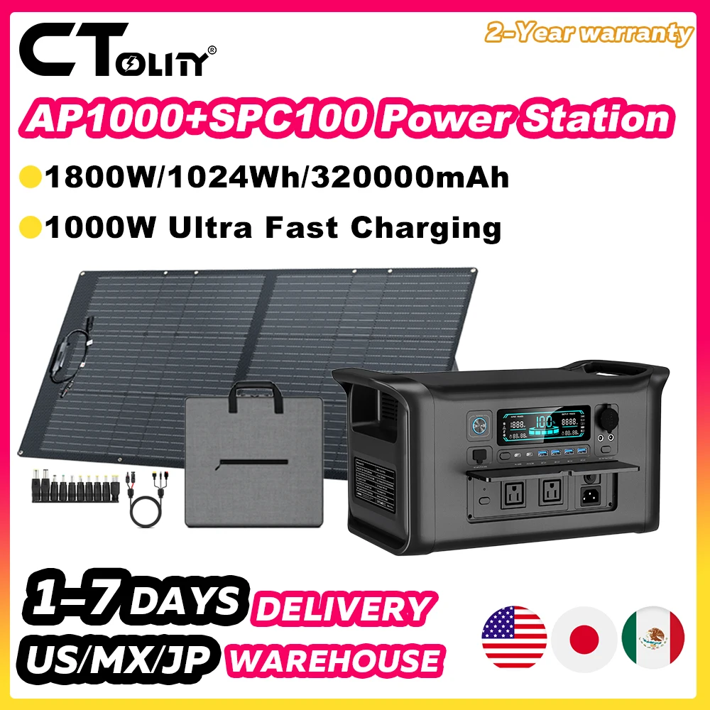 CTOLITY 1800W Portable Power Station 100W ETFE Solar Panel, 1024Wh Pure Sine Wave Solar Generator Kit for Outdoor Camping Emergency Use Home Backup Power 320000mAh LiFePO4 Battery
CTOLITY 1800W Portable Power Station 100W ETFE Solar Panel, 1024Wh Pure Sine Wave Solar Generator Kit for Outdoor Camping Emergency Use Home Backup Power 320000mAh LiFePO4 Battery