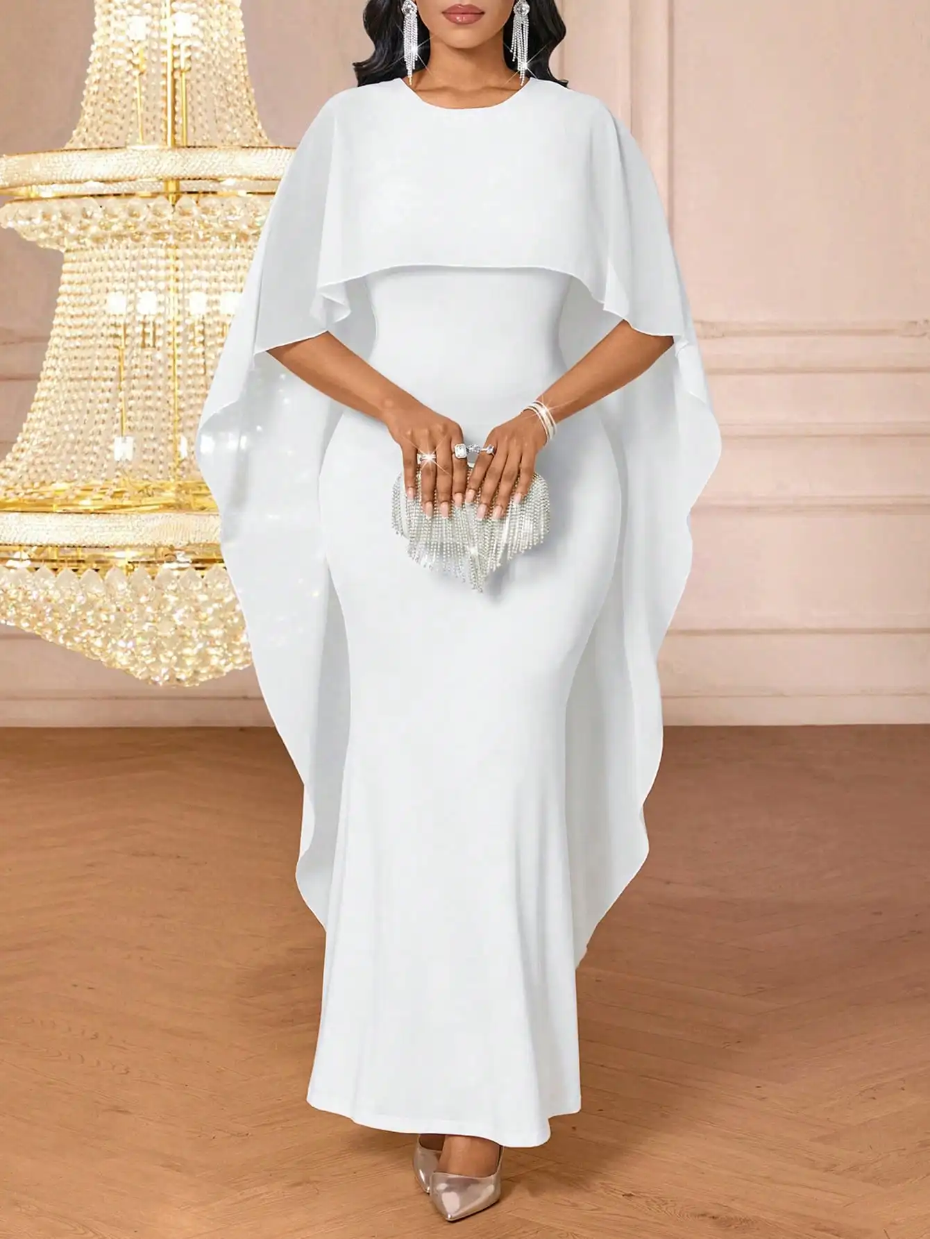 Elegant White Solid Color Cape Sleeve Mermaid Dress for Formal Events
Elegant White Solid Color Cape Sleeve Mermaid Dress for Formal Events