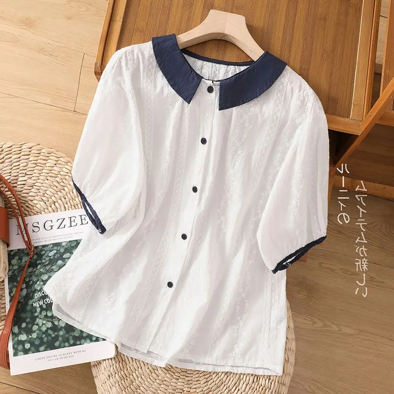 Fashionable Pure Cotton Lace Shirt Short Sleeve Doll Collar Women's Summer Top Color Block Design Elegant Casual Female Blouse
Fashionable Pure Cotton Lace Shirt Short Sleeve Doll Collar Women's Summer Top Color Block Design Elegant Casual Female Blouse