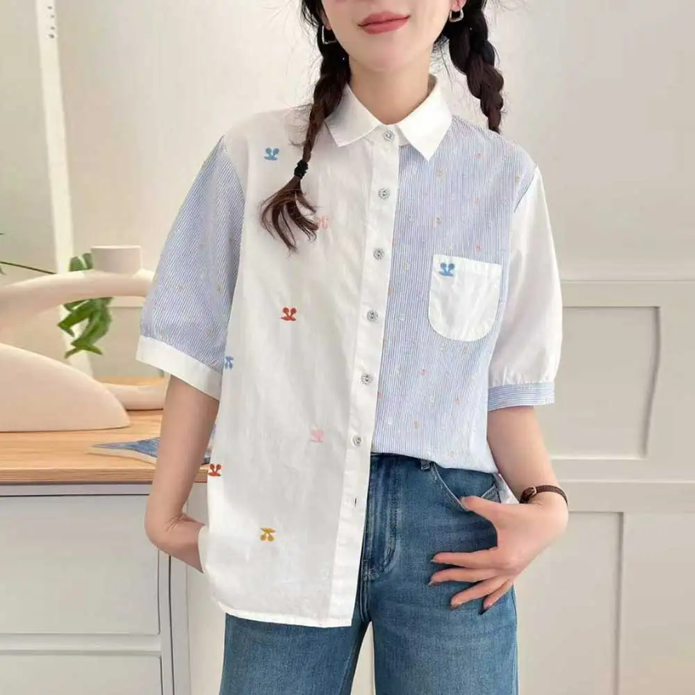 Japanese Sweet Mori Girl Striped Embroidery Patchwork Cotton Shirts Women Summer Turn Down Collar Short Sleeve Casual Blouse Top
Japanese Sweet Mori Girl Striped Embroidery Patchwork Cotton Shirts Women Summer Turn Down Collar Short Sleeve Casual Blouse Top