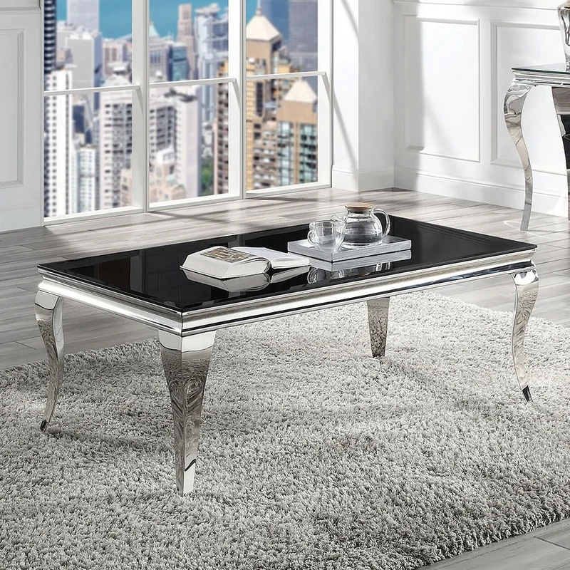 Contemporary Coffee Table with Black Glass Top and Silver Stainless Steel Cabriole Legs
Contemporary Coffee Table with Black Glass Top and Silver Stainless Steel Cabriole Legs