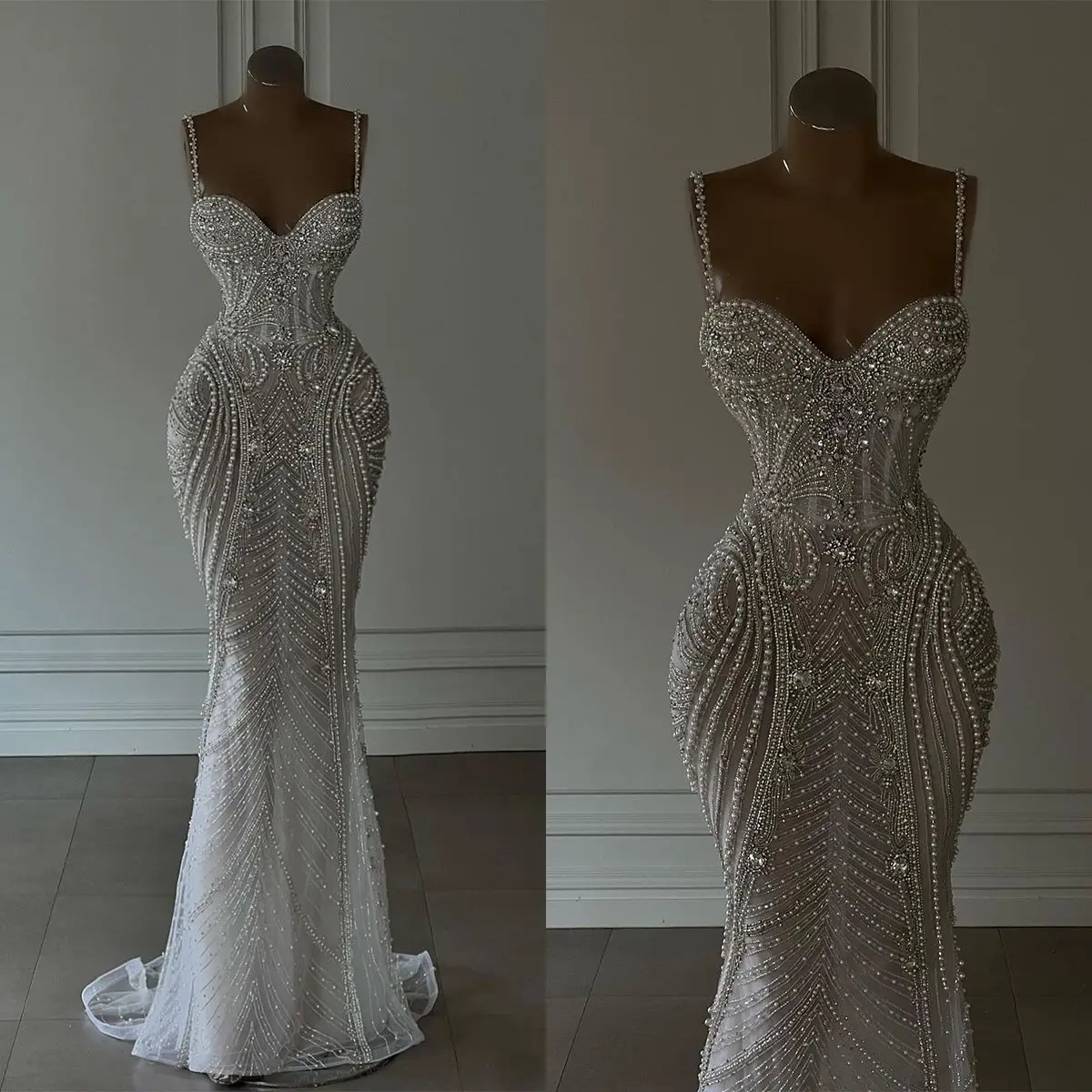 Customized Wedding Dresses Spaghetti Sweetheart Pearls Chain Beads Backless Zipper Length Plus Size Bridal Gown
Customized Wedding Dresses Spaghetti Sweetheart Pearls Chain Beads Backless Zipper Length Plus Size Bridal Gown