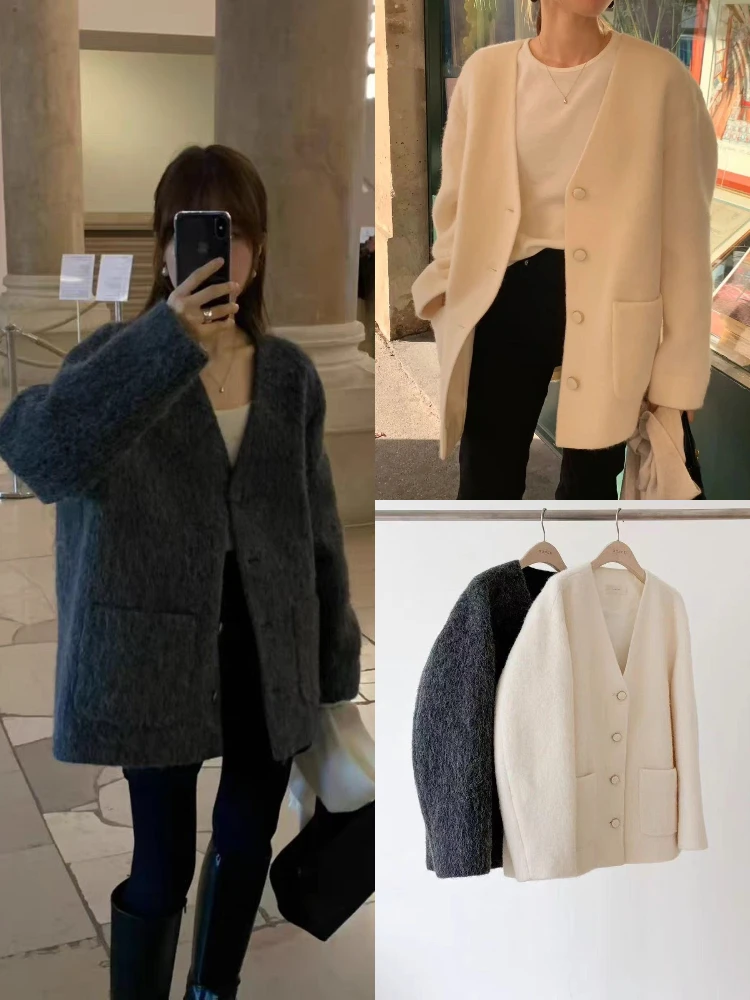 Soft Cozy Women's Woolen Coat V-Ne Loose Fit Retro Sle Winter Outerwear Ele Faion Ladies' Knitwear
Soft Cozy Women's Woolen Coat V-Ne Loose Fit Retro Sle Winter Outerwear Ele Faion Ladies' Knitwear