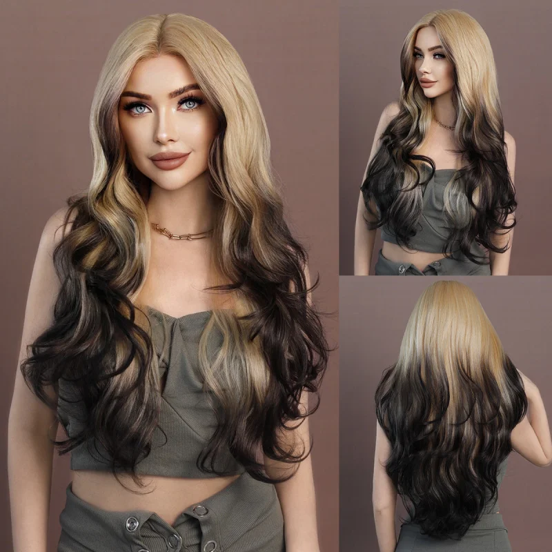 Gold gradient T-shaped lace wig, fashionable synthetic fiber full headpiece with wavy long curly hair
Gold gradient T-shaped lace wig, fashionable synthetic fiber full headpiece with wavy long curly hair