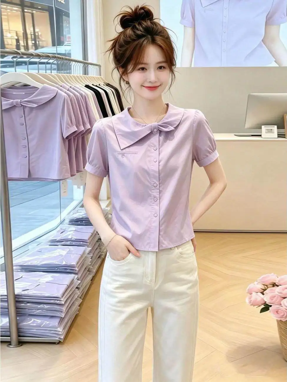 Loose Purple Short Sleeve Shirt Women's Summer Sweet Style Knot Collar Irregular Hemline Breathable Comfortable Fas...
Loose Purple Short Sleeve Shirt Women's Summer Sweet Style Knot Collar Irregular Hemline Breathable Comfortable Fas...