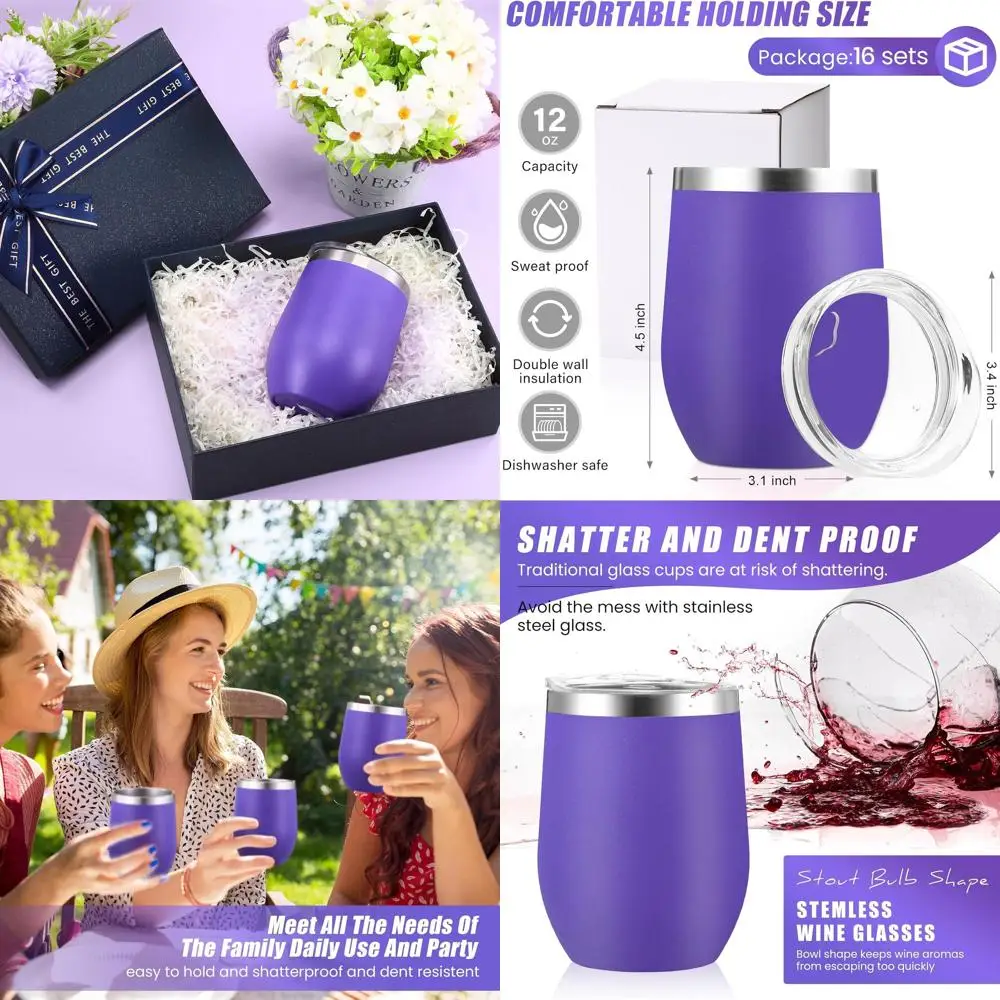 Set of 16, 12 oz Purple Insulated Stainless Steel Wine Tumblers - Double Wall Vacuum Stemless Cups for Outdoors & Travel
Set of 16, 12 oz Purple Insulated Stainless Steel Wine Tumblers - Double Wall Vacuum Stemless Cups for Outdoors & Travel
