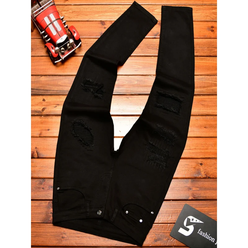High end high street ripped patch design black jeans for men in autumn, slim fit American style trendy pants with small feet
High end high street ripped patch design black jeans for men in autumn, slim fit American style trendy pants with small feet