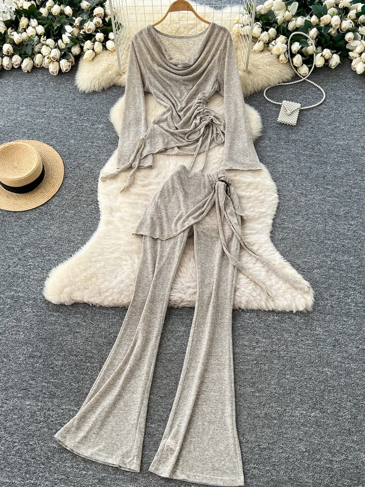 Faionable Long Sve T-irt Women's High Waist Patchwork Flared Pants Two-Piece Set Dstring Swing Collar Casual Outfit
Faionable Long Sve T-irt Women's High Waist Patchwork Flared Pants Two-Piece Set Dstring Swing Collar Casual Outfit