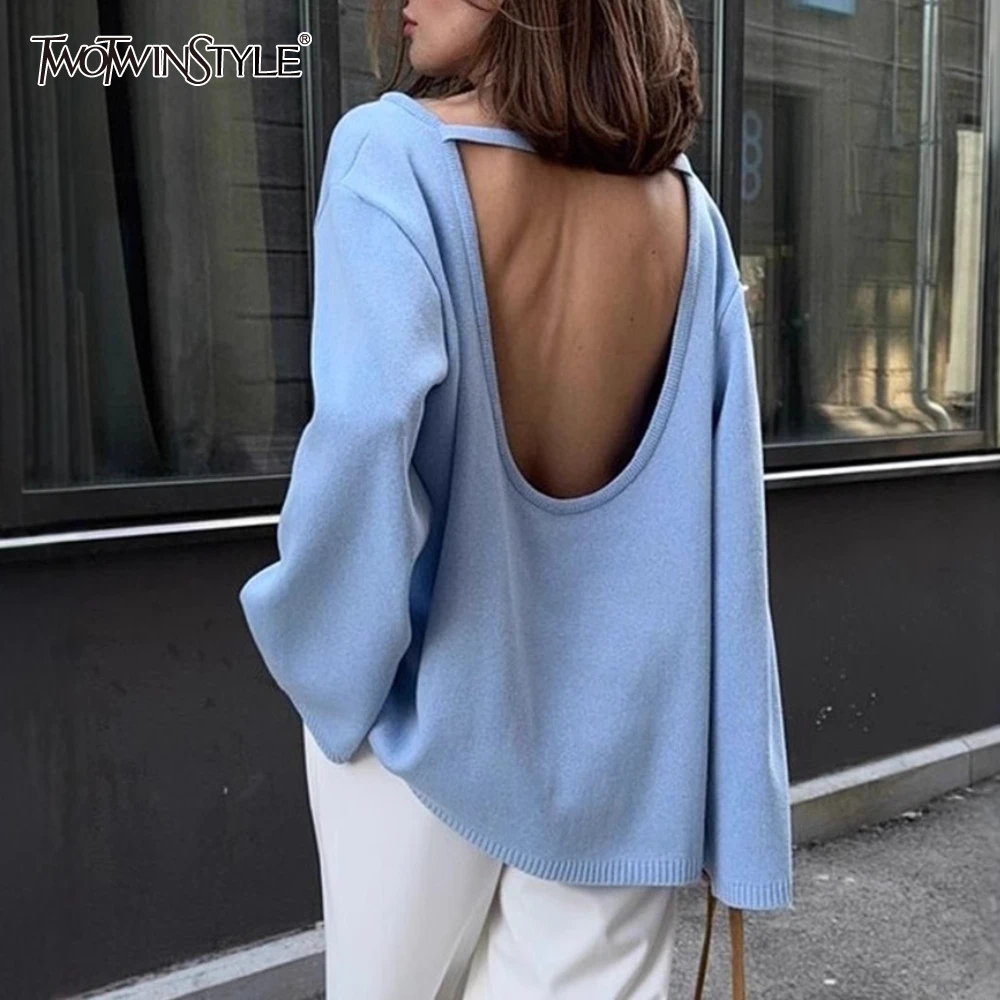 TWOTWINSTYLE Backless Loose Knitted Pullovers for Women Round Neck Long Sleeve Minimalist Casual Sweater Female Autumn New Style 
TWOTWINSTYLE Backless Loose Knitted Pullovers for Women Round Neck Long Sleeve Minimalist Casual Sweater Female Autumn New Style