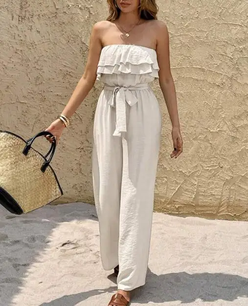 Summer Sleeveless Strapless Ruffled Lace Up Jumpsuit for Women, Elegant and Casual, Solid Color Pleated High Waisted Jumpsuit
Summer Sleeveless Strapless Ruffled Lace Up Jumpsuit for Women, Elegant and Casual, Solid Color Pleated High Waisted Jumpsuit