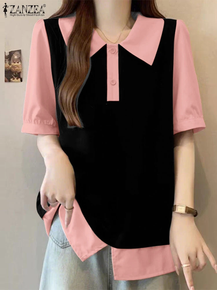 ZANZEA женские рубашки с коротким рукавом 2025 модные топы в консервативном стиле футболки летние цвета с лацканами в стиле пэчворк повседневные свободные туники топы Blusas 
ZANZEA женские рубашки с коротким рукавом 2025 модные топы в консервативном стиле футболки летние цвета с лацканами в стиле пэчворк повседневные свободные туники топы Blusas