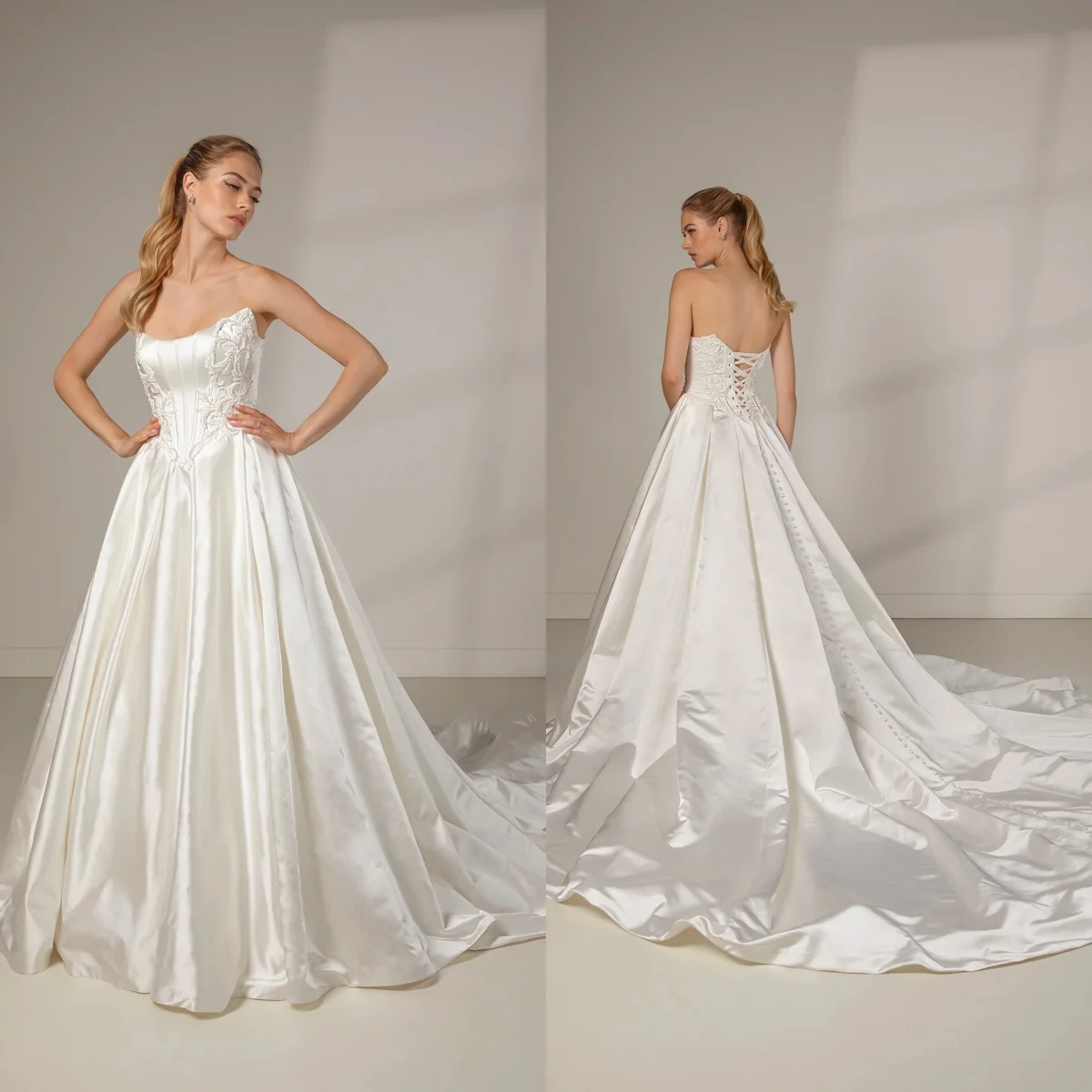 Simple White Satin Wedding Dresses Lace Beads Appliques Bridal Gowns Charming Floor Length A Line Customized Vestidos De Mariee
Simple White Satin Wedding Dresses Lace Beads Appliques Bridal Gowns Charming Floor Length A Line Customized Vestidos De Mariee